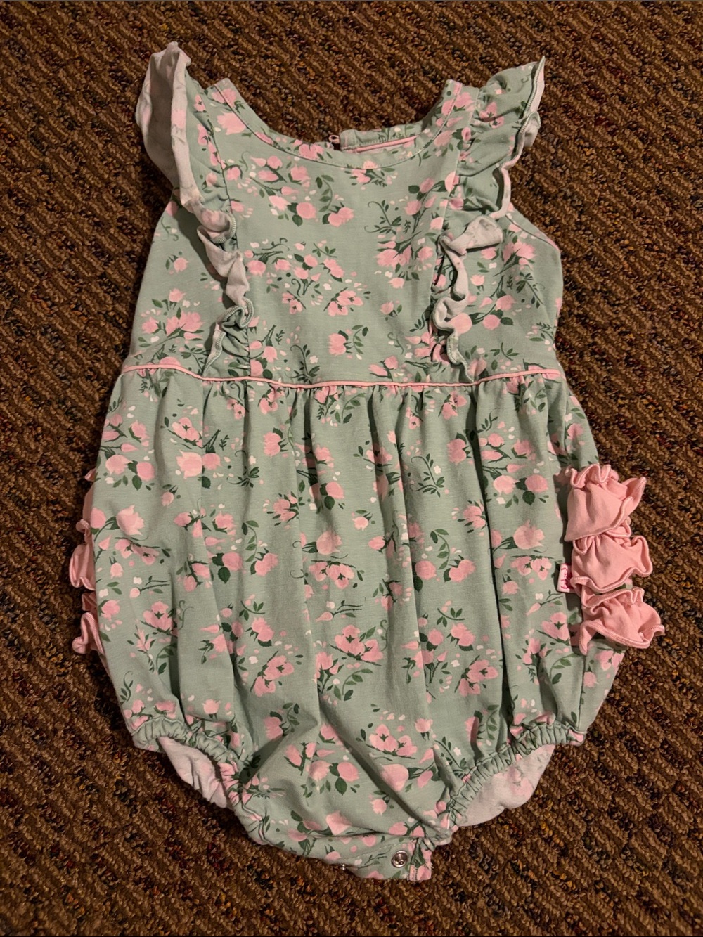 Ruffle Butts Mint Floral Bubble Romper with Pink Ruffles